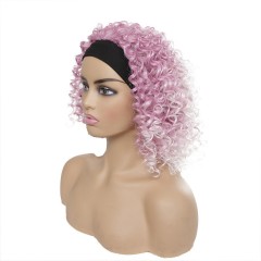 10 pouces Perruque de bandeau cheveux bouclée rose en fibre synthétique