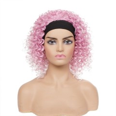 10 pouces Perruque de bandeau cheveux bouclée rose en fibre synthétique