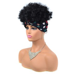 Perruque de bandeau en fibre synthétique cheveux noir bouclés courts 8 pouces