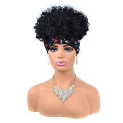 Perruque de bandeau en fibre synthétique cheveux noir bouclés courts 8 pouces