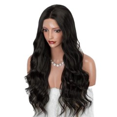 Perruque en fibre synthétique cheveux noirs ondulés dentelle frontale