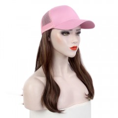 Perruque casquette de baseball rose réglable aux cheveux bruns et ondulée