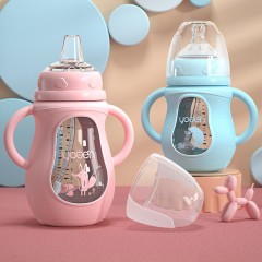 Biberon en verre ave habillage isolant plastique pour bébé avec paille en silicone