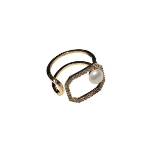 Bague ouverte en diamant avec perle géométrique plaquée or véritable