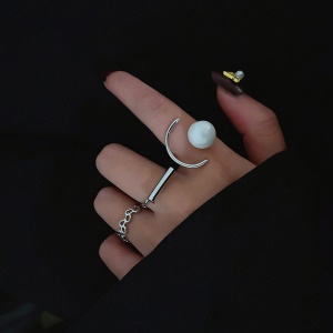 Bague trois pièces en métal  avec perle