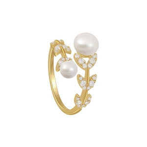 Bague en or plaqué incrustée de diamants artificiels et de perle
